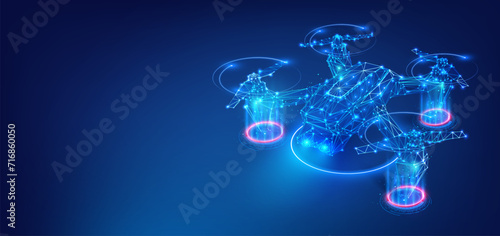 Futuristic Drone Technology Abstract. Digital wireframe of drones flying, blue neon glow. olygonal low poly background with connecting dots and lines. Futuristic digital low poly 3d drone flying.