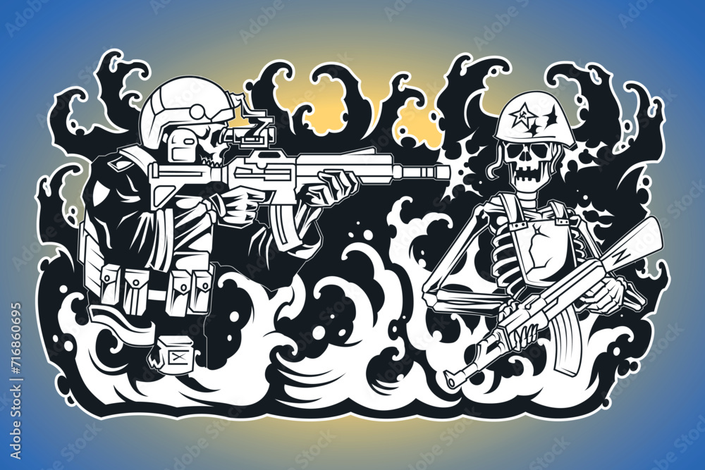 Cartoon soldiers skeletons with guns on wave. Vector illustration