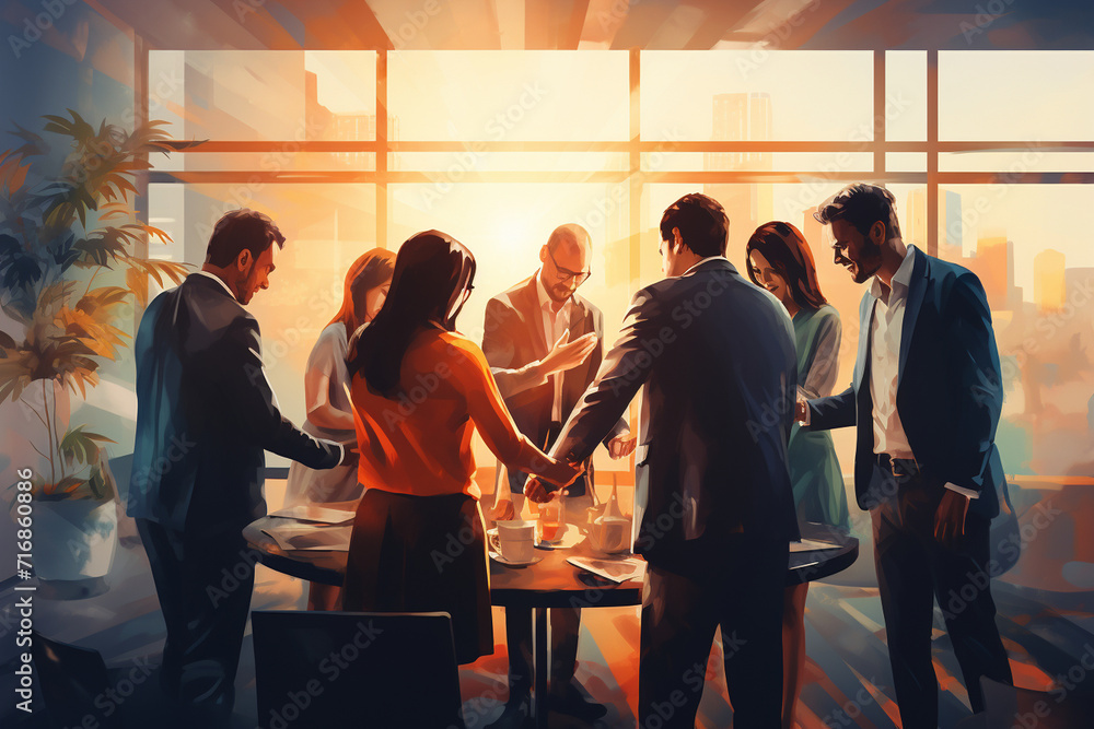 Teamwork Engaged A team of professionals gathered in a circle, engaged in a team ...