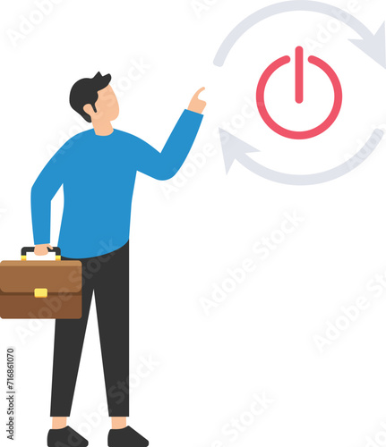 Time to reboot business or career, Refresh working energy or restart a new journey, Change to improve outcome, Carefully reach his finger to press restart button

