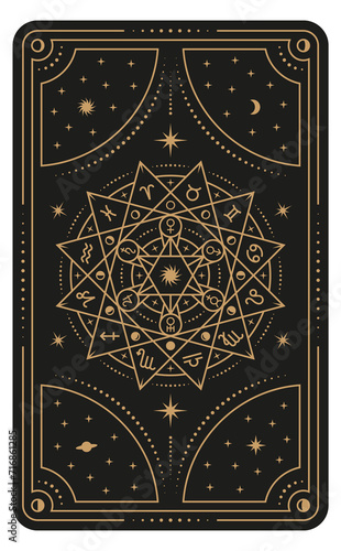 Astrological tarot design with zodiac elements. Mystic ritual card