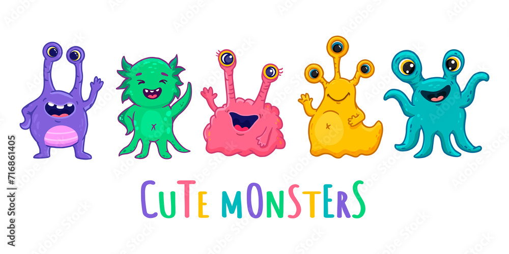 Naklejka premium set of cartoon monsters. Cute monsters. Kids funny character design for posters, cards, magazins.