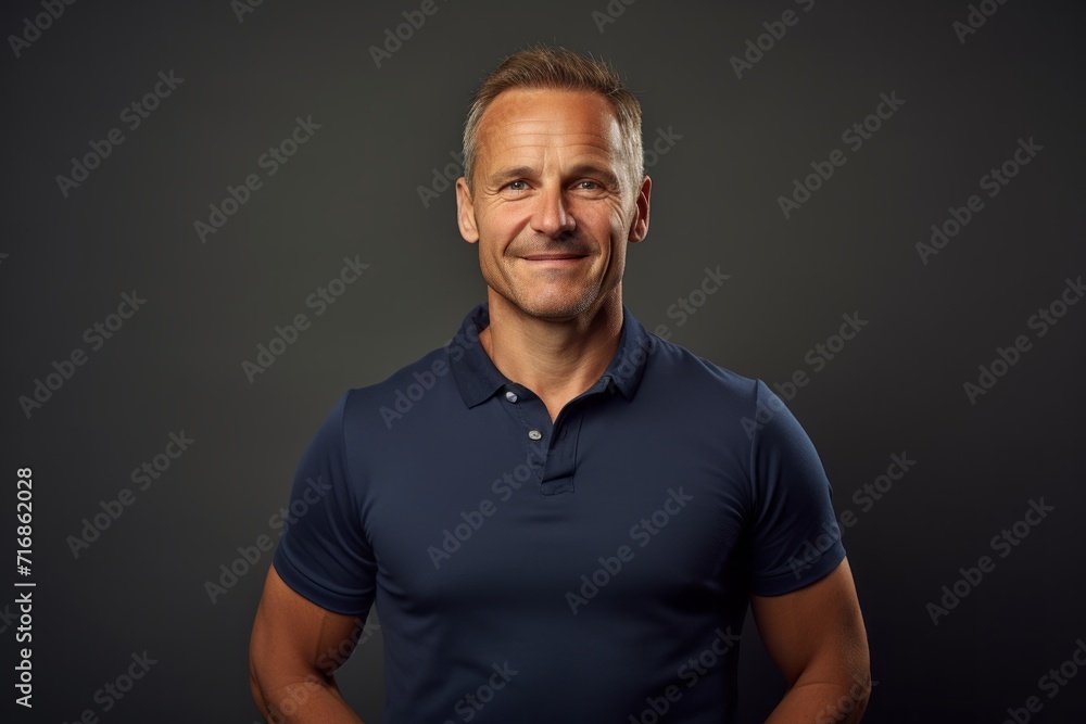 Portrait of a jovial man in his 40s wearing a sporty polo shirt against a light wood minimalistic setup. AI Generation Portrait of a jovial man in his 40s wearing a sporty polo shirt against a light wood minimalistic setup. AI Generation