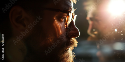 Bearded man with glasses in profile, reflecting light creates a bokeh effect, suggesting deep thought photo
