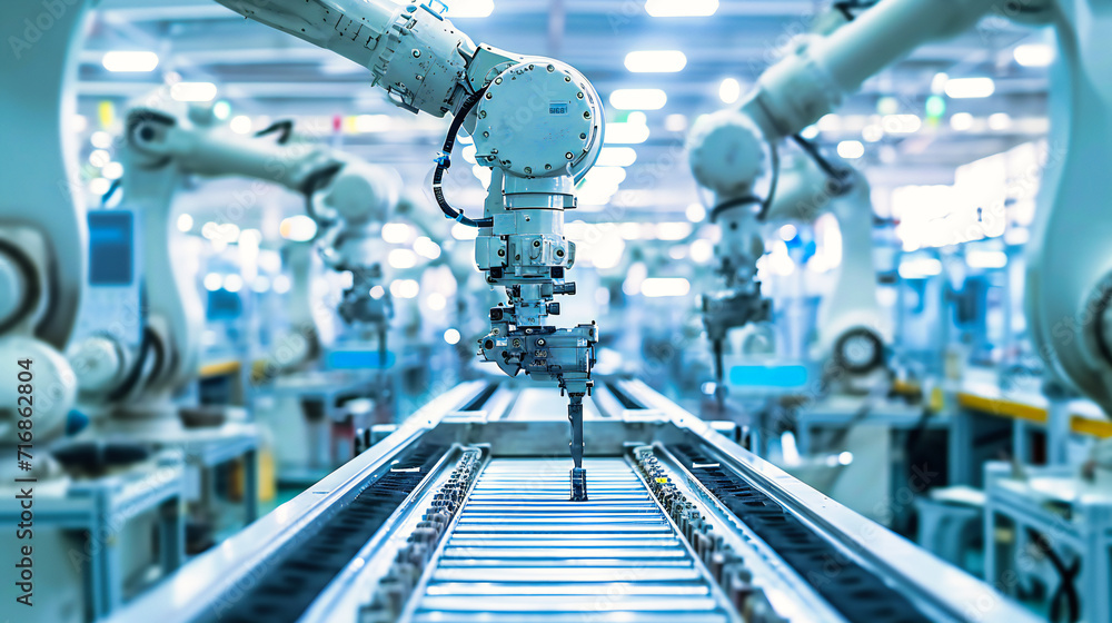Robotic Engineering: Automated Arms and Machinery in Action at a High-Tech Industrial Manufacturing Plant