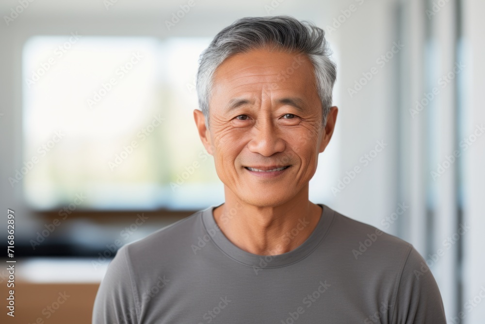 Portrait of a cheerful asian man in his 60s donning a trendy cropped top against a light wood minimalistic setup. AI Generation Portrait of a cheerful asian man in his 60s donning a trendy cropped top against a light wood minimalistic setup. AI Generation