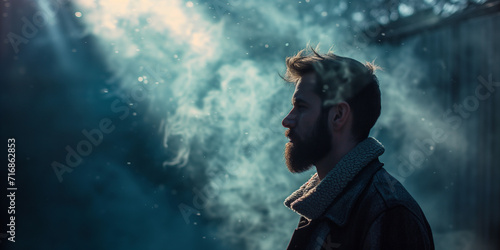 Bearded man in side view, his breath visible in the cold air, with sunlight creating a mystical effect