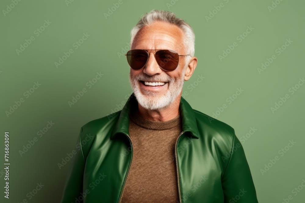 Portrait of a joyful man in his 60s wearing a trendy sunglasses against a light wood minimalistic setup. AI Generation Portrait of a joyful man in his 60s wearing a trendy sunglasses against a light wood minimalistic setup. AI Generation