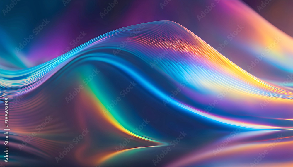 Naklejka premium Abstract holographic translucent metallic liquid background, with curved wave and shiny particles