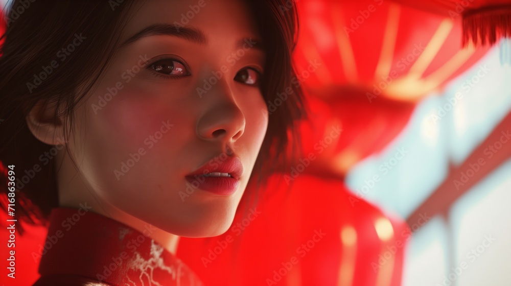 A beautiful Asian woman looks into the camera with a Chinese lantern festival as a background. A beautiful Asian woman looks into the camera with a Chinese lantern festival as a background.