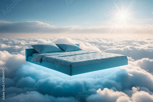 A light blue bed floating on the clouds