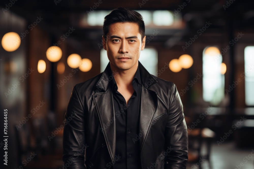 Portrait of a content asian man in his 30s sporting a stylish leather blazer against a empty modern loft background. AI Generation Portrait of a content asian man in his 30s sporting a stylish leather blazer against a empty modern loft background. AI Generation