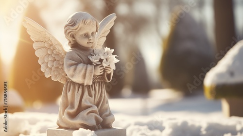 Baby angel statue on winter snowy cemetery graveyard holding white flowers on sunny day  photo