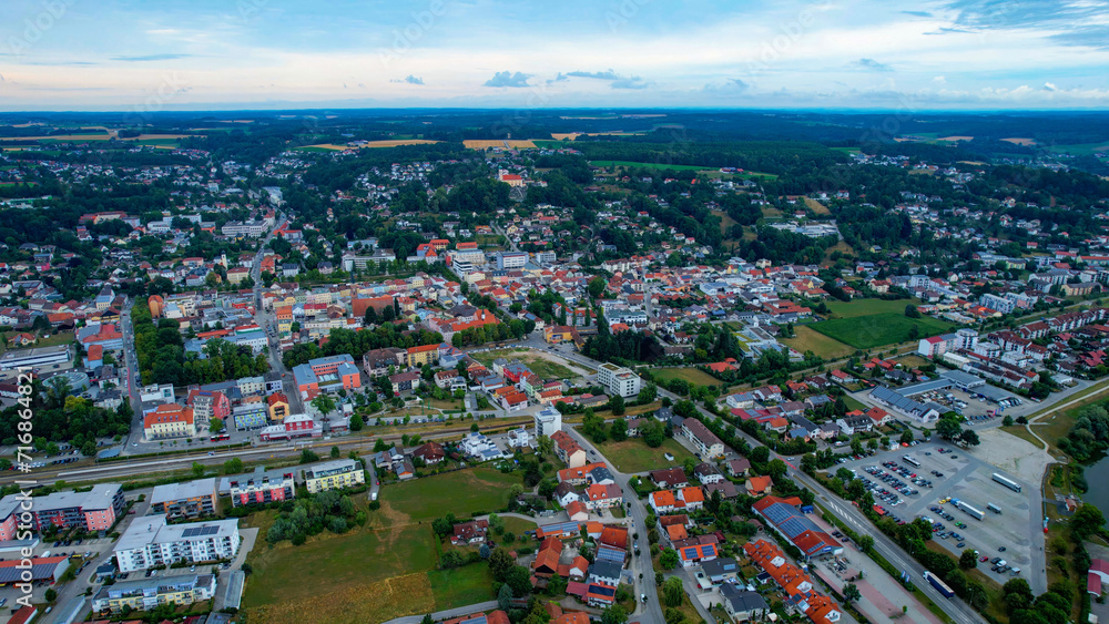 An aerial view of the city Pfarrkirchen in Bavaria on a sunny spring day