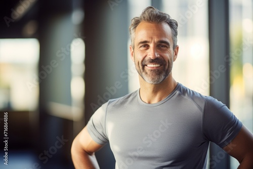 Portrait of a grinning man in his 40s wearing a moisture-wicking running shirt against a empty modern loft background. AI Generation
