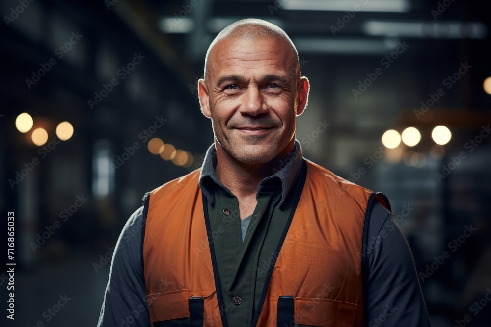 Fototapeta premium Portrait of a grinning man in his 40s dressed in a water-resistant gilet against a empty modern loft background. AI Generation