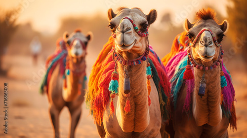 Camels in traditional clothes wait by the roadside for tourists wanting to ride camels in the desert, India. Camels, Camelus, which carry tourists on their backs.