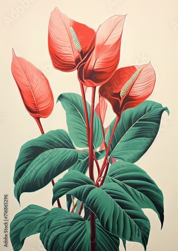 A colorful photorealistic painting of flowers, crimson , green colours.