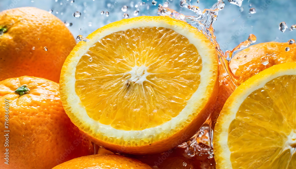 a photo of an orange slice with splash of water. a photo of an orange slice with splash of water.