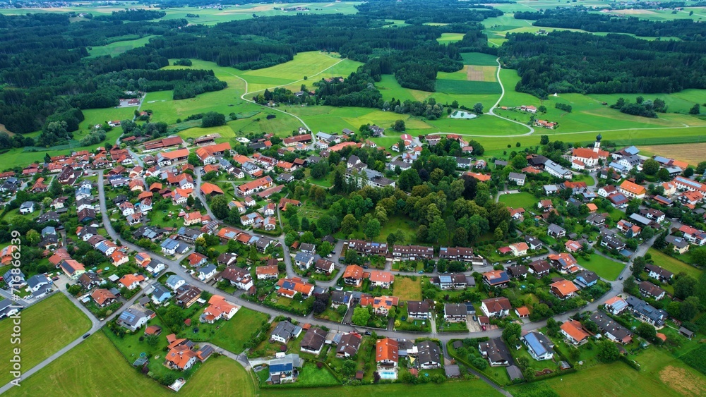 Aerial view of the village Schonstett in Bavaria on a cloudy day in late summer