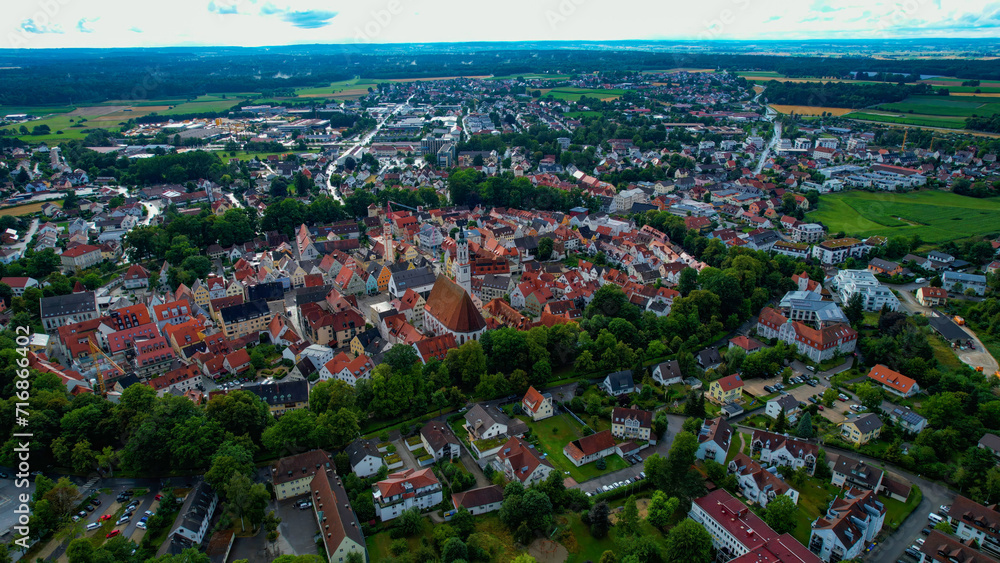 Aerial view of the old town of the city Schrobenhausen in Germany on an overcast day in summer