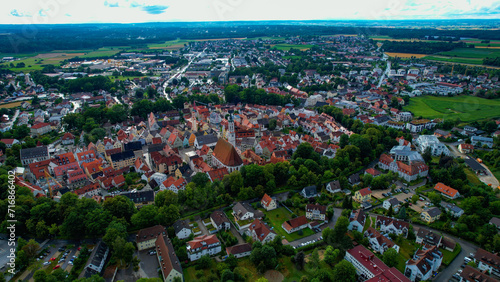 Aerial view of the old town of the city Schrobenhausen in Germany on an overcast day in summer