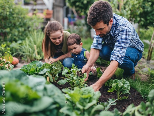 A family growing vegetables in a backyard garden for sustainable living