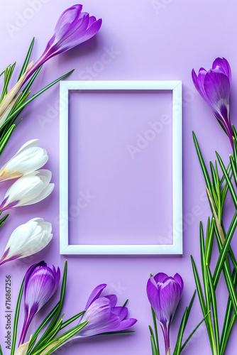 Elegant Floral Arrangement with Crocus Flowers Around White blank Frame on Purple Background