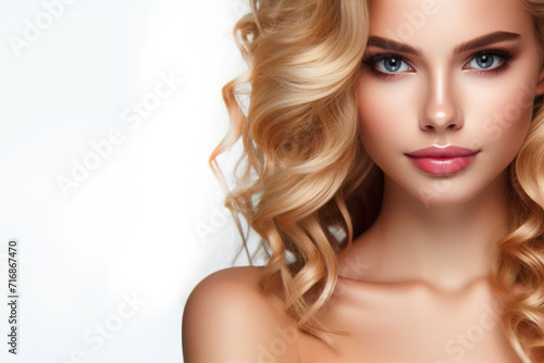 The face of a beautiful blonde woman with long curly hair as a closeup on a solid white background. ai generative