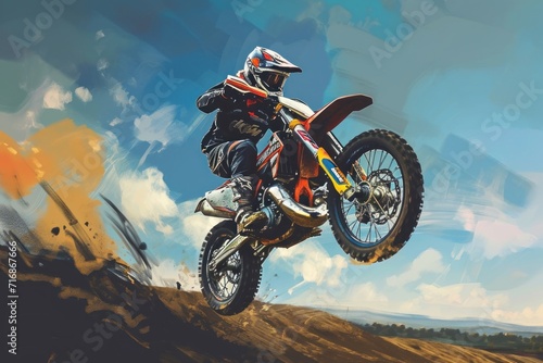 Motocross rider in action. Grunge background . illustration. Motocross concept for banner with copy space. Enduro. Extreme sport concept.