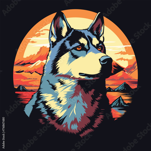 Vintage Siberian Husky dog Sunset beach vector illustration, Retro Siberian Husky Dog Tshirt Design
