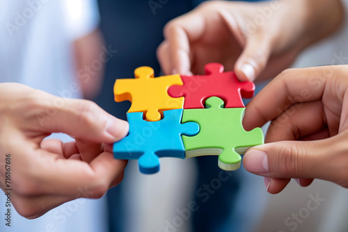 A group of business unrecognizable people Connecting Colorful Puzzle Pieces with Hands. Teamwork and Collaboration Concept