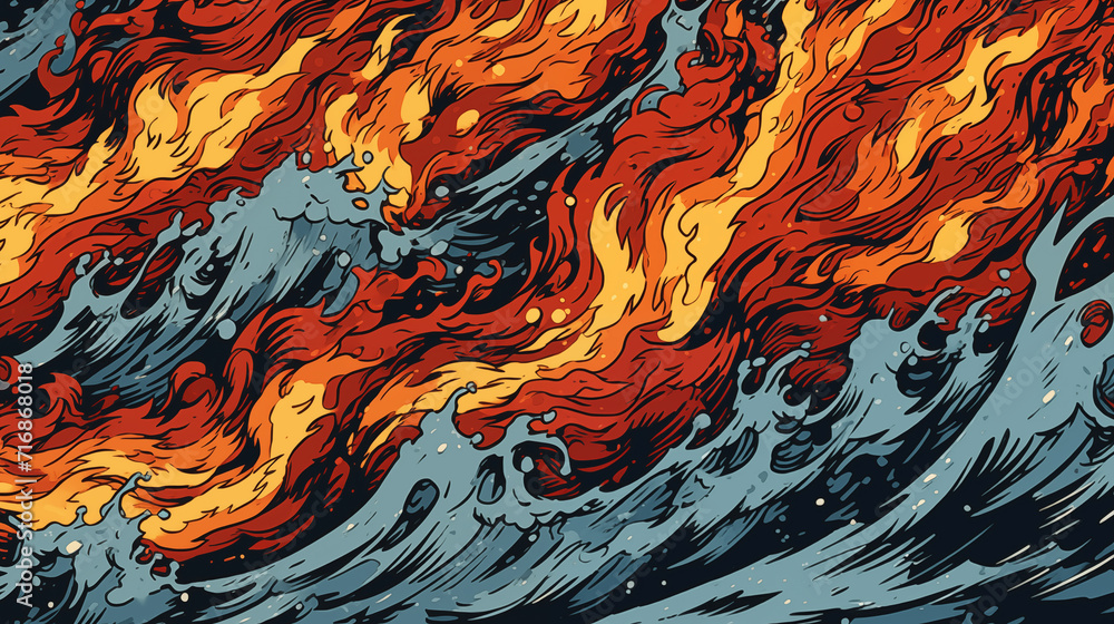 modern japanese inspired fire and water crashing fighting, wave style