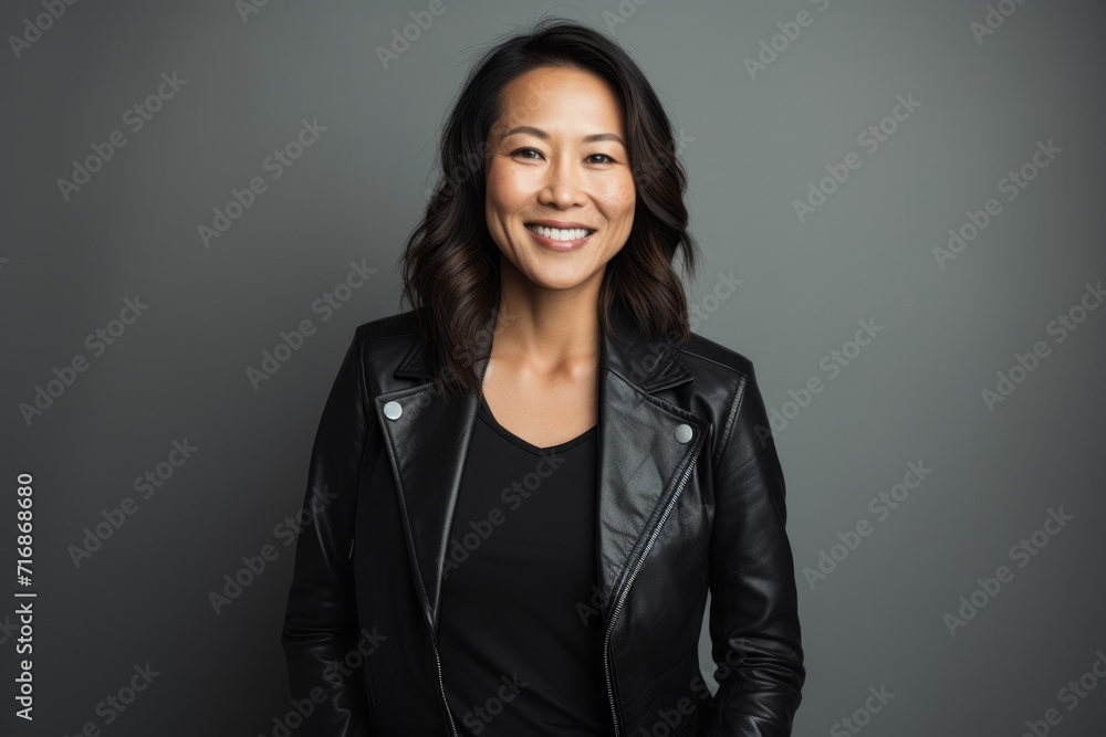 Portrait of a grinning asian woman in her 40s sporting a stylish leather blazer against a bare monochromatic room. AI Generation Portrait of a grinning asian woman in her 40s sporting a stylish leather blazer against a bare monochromatic room. AI Generation