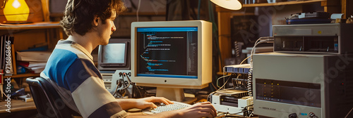 Caucasian Male Computer Engineer Programming On Old Desktop Computer In Retro Garage. Experienced Software Developer Writing Code For New Innovative Portable Device Startup In Nostalgic Nineties.