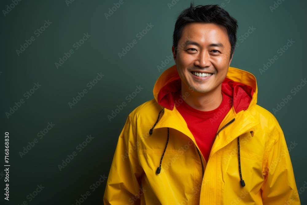 Portrait of a glad asian man in his 40s wearing a vibrant raincoat against a bare monochromatic room. AI Generation Portrait of a glad asian man in his 40s wearing a vibrant raincoat against a bare monochromatic room. AI Generation