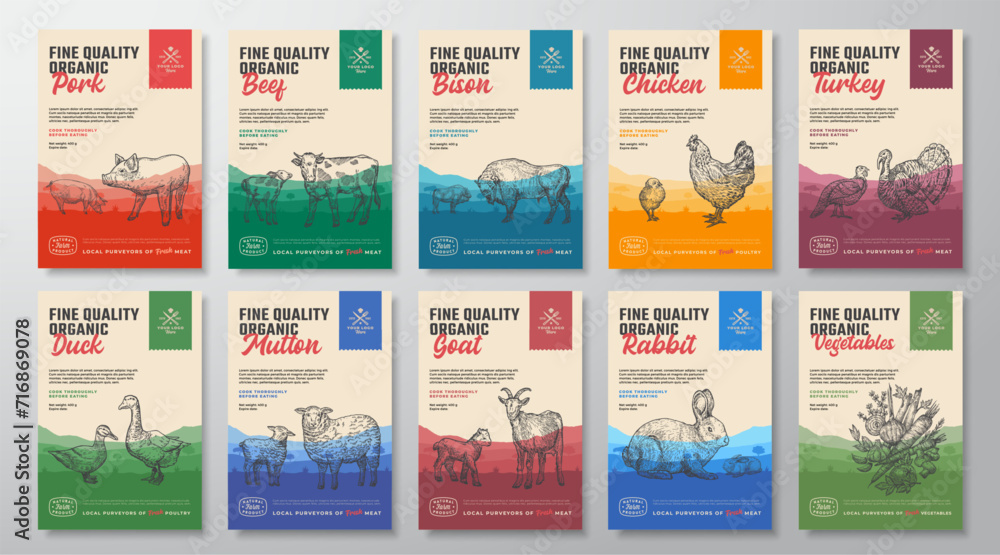 Organic Vector Meat and Vegetables Packaging Food Label Design Collection. Modern Typography and Hand Drawn Domestic Animals Silhouettes. Rural Pasture Landscape Background Layouts Bundle