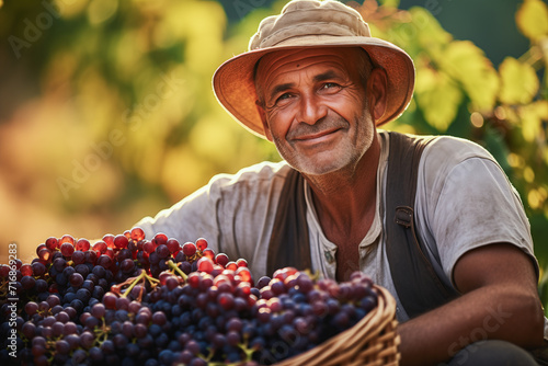 Portrait of a vineyard worker during grape harvest, close-up view.