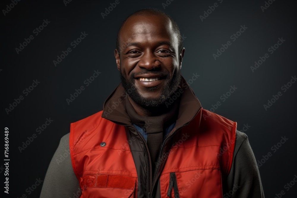 Portrait of a smiling afro-american man in his 40s dressed in a water-resistant gilet against a bare monochromatic room. AI Generation Portrait of a smiling afro-american man in his 40s dressed in a water-resistant gilet against a bare monochromatic room. AI Generation