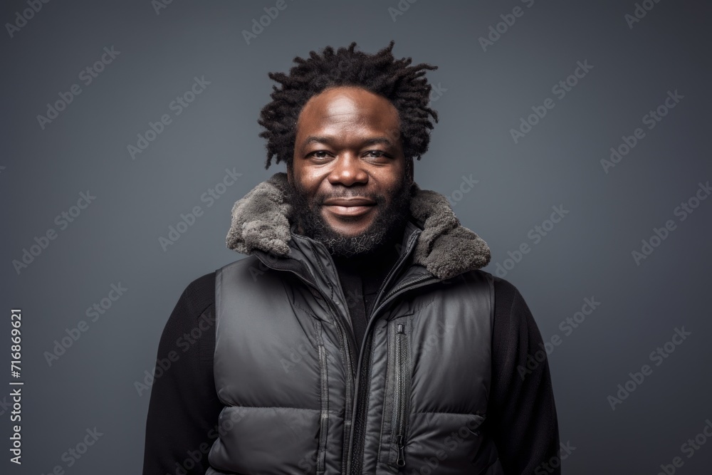 Portrait of a smiling afro-american man in his 40s dressed in a water-resistant gilet against a bare monochromatic room. AI Generation