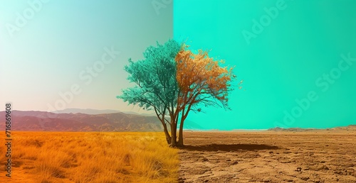 Contrasting the beauty and harshness of nature: vibrant green plants amid an arid landscape under a colorful sky