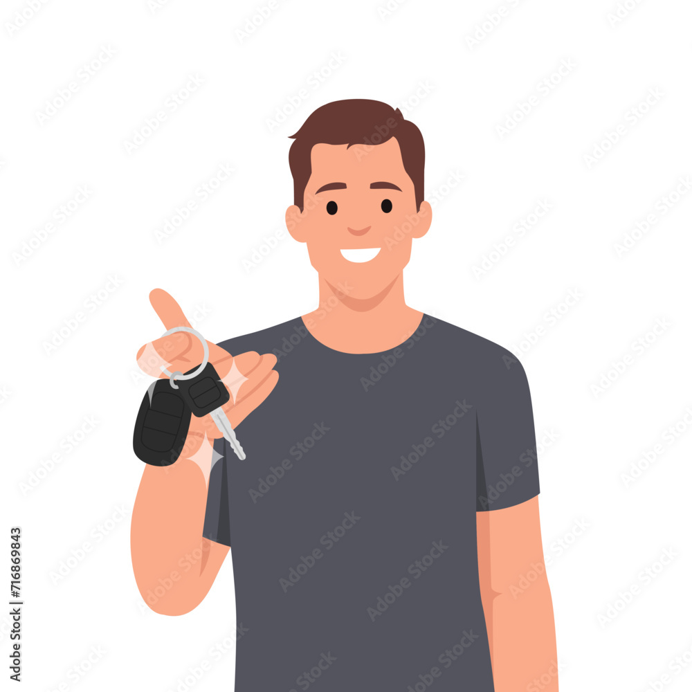 Businessman hold a key of new car. Flat vector illustration isolated on white background Businessman hold a key of new car. Flat vector illustration isolated on white background