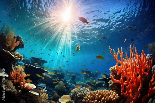 Underwater coral reef scene with diverse marine life. Sunlit coral reef teeming with colorful tropical fish. Nature background.