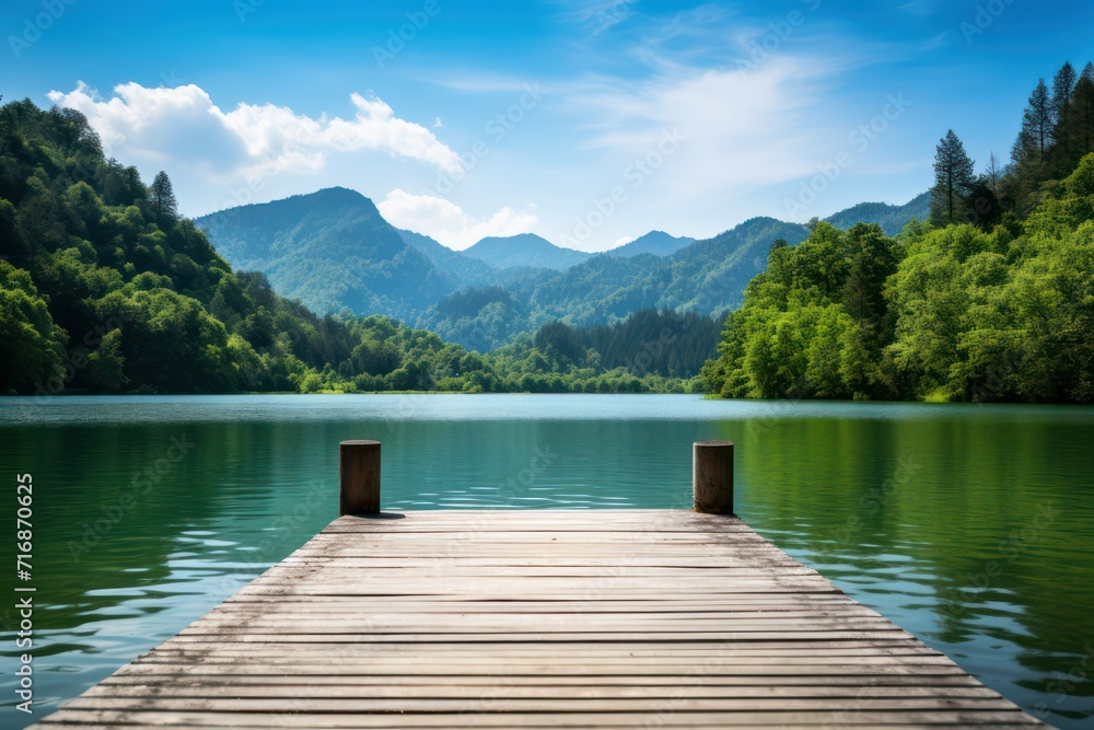 Serene lake view with wooden dock and mountain backdrop. Nature background. - obrazy, fototapety, plakaty 