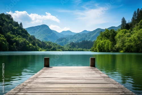 Fotomurale Serene lake view with wooden dock and mountain backdrop