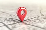 Bright red pin on a detailed map: symbolizes the concepts of destination, travel and navigation