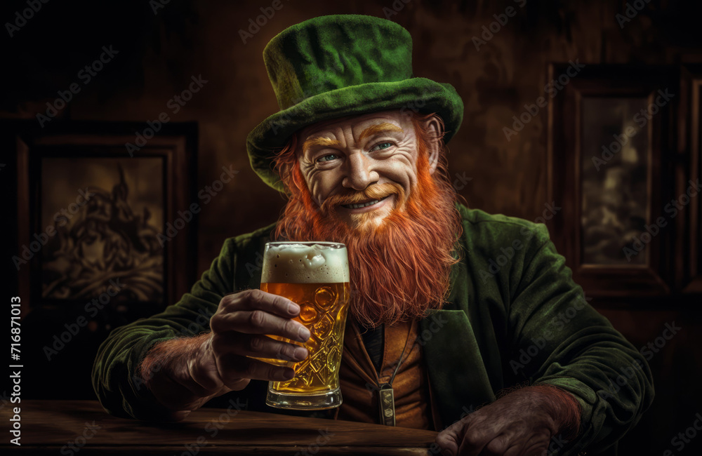 A red-haired leprechaun smiles as he holds a mug of beer in a dark, vintage-inspired pub.