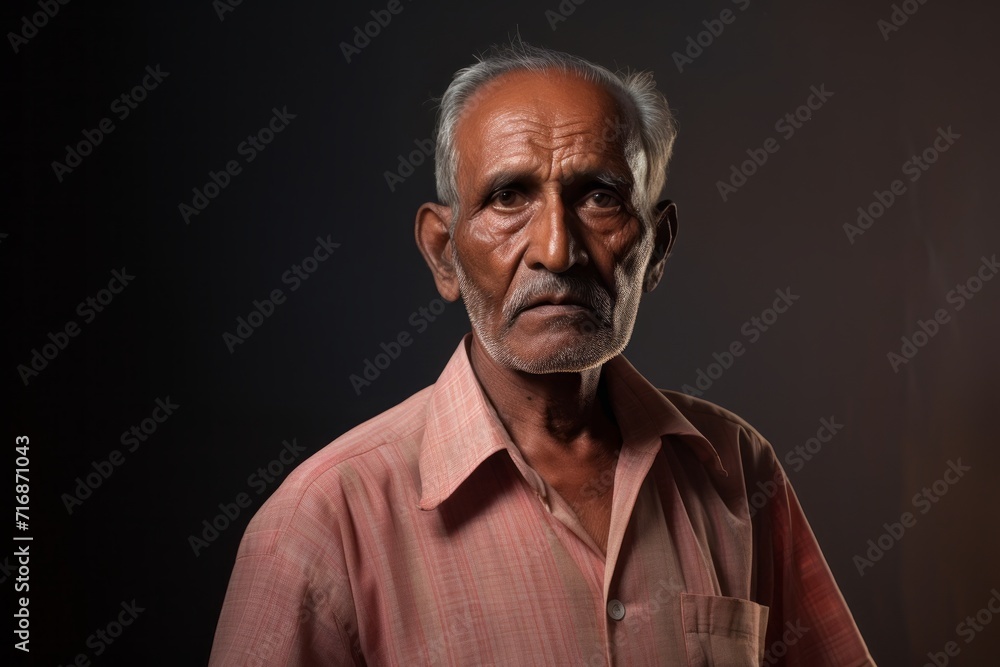 Portrait of a jovial indian elderly man in his 90s donning a trendy cropped top against a bare monochromatic room. AI Generation Portrait of a jovial indian elderly man in his 90s donning a trendy cropped top against a bare monochromatic room. AI Generation