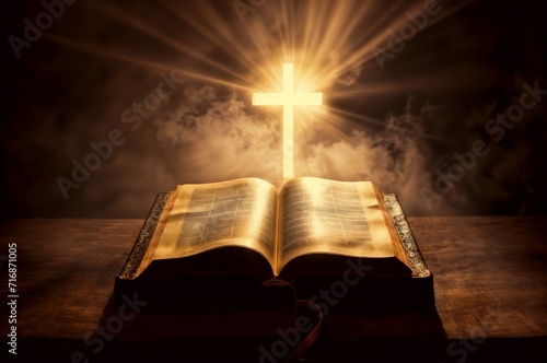 An open Bible with a cross above it, all set against a smoky black background.
