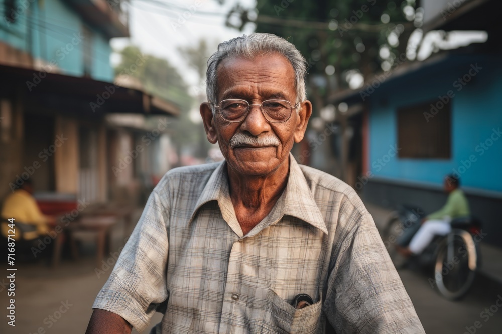 Portrait of a jovial indian elderly man in his 90s donning a trendy cropped top against a bare monochromatic room. AI Generation Portrait of a jovial indian elderly man in his 90s donning a trendy cropped top against a bare monochromatic room. AI Generation